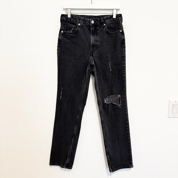 H&M Denim - H&M Vintage High Rise Straight Leg Distressed Jeans Split Hem Faded Black Size 8